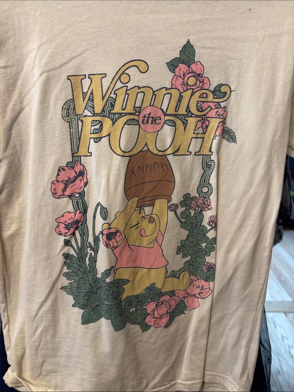 Disney Winnie the Pooh Cream Graphic Tee with Pink & Green Floral Art